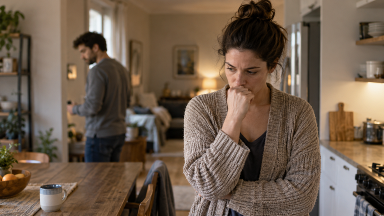 Femme pensive dans une cuisine, doutant d'elle-même après une discussion avec son partenaire.