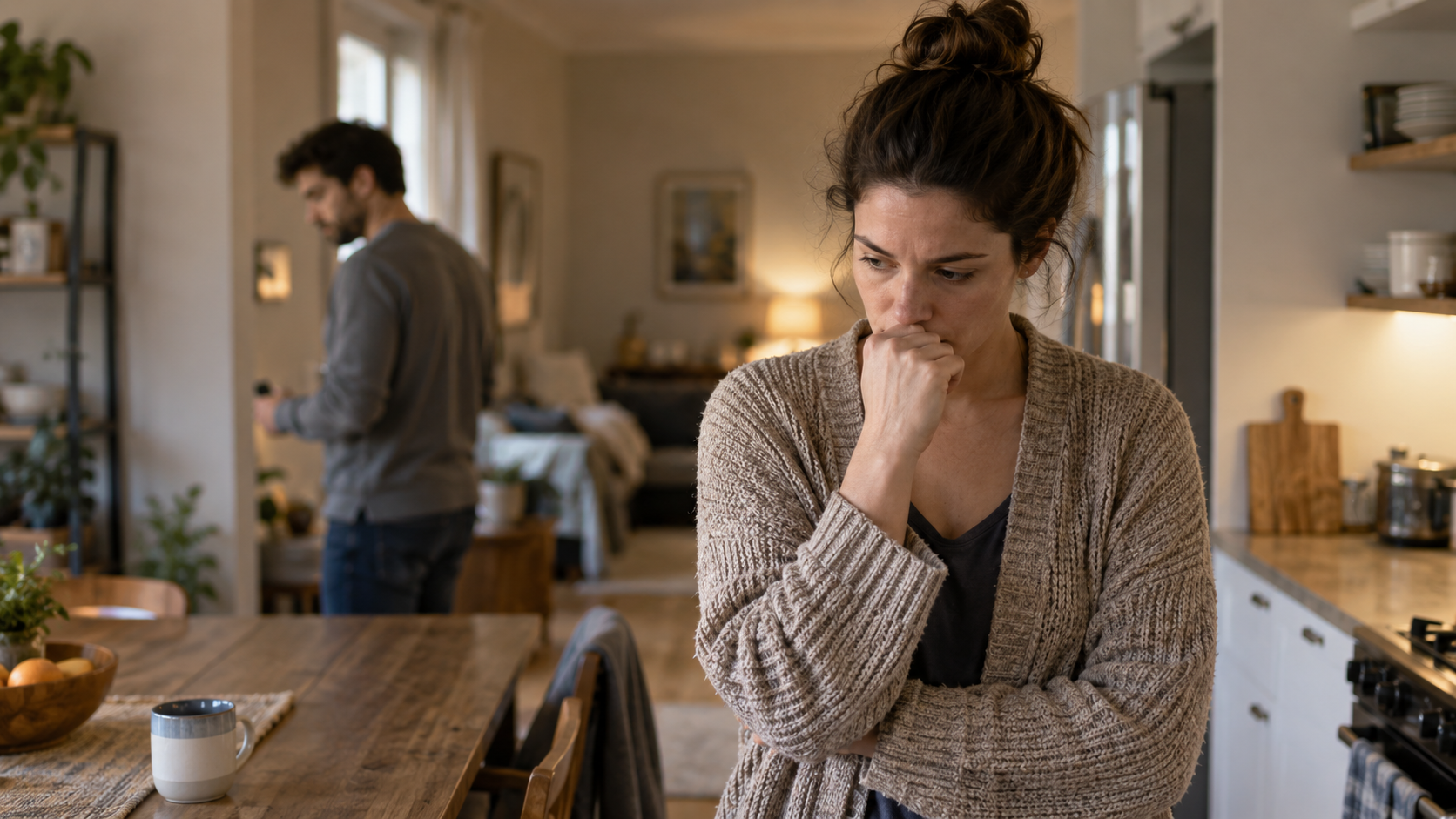 Femme pensive dans une cuisine, doutant d'elle-même après une discussion avec son partenaire.